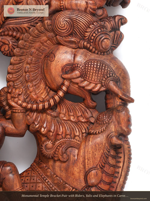 Monumental Temple Bracket Pair with Riders, Yalis and Elephants in Carved Wood