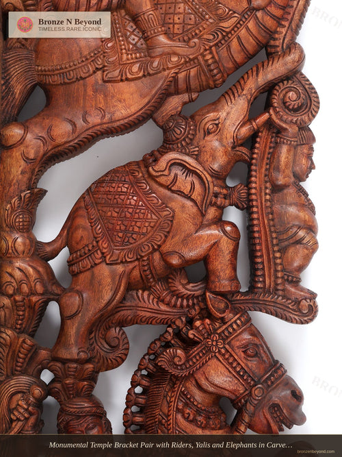 Monumental Temple Bracket Pair with Riders, Yalis and Elephants in Carved Wood