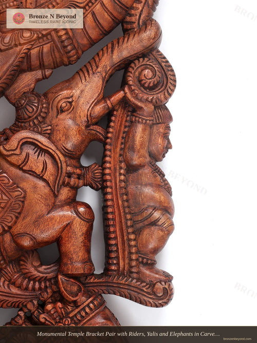 Monumental Temple Bracket Pair with Riders, Yalis and Elephants in Carved Wood