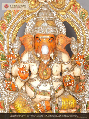 Huge Wood-Carved Six-Armed Ganesha with Kirtimukha Arch and Polychrome Detail