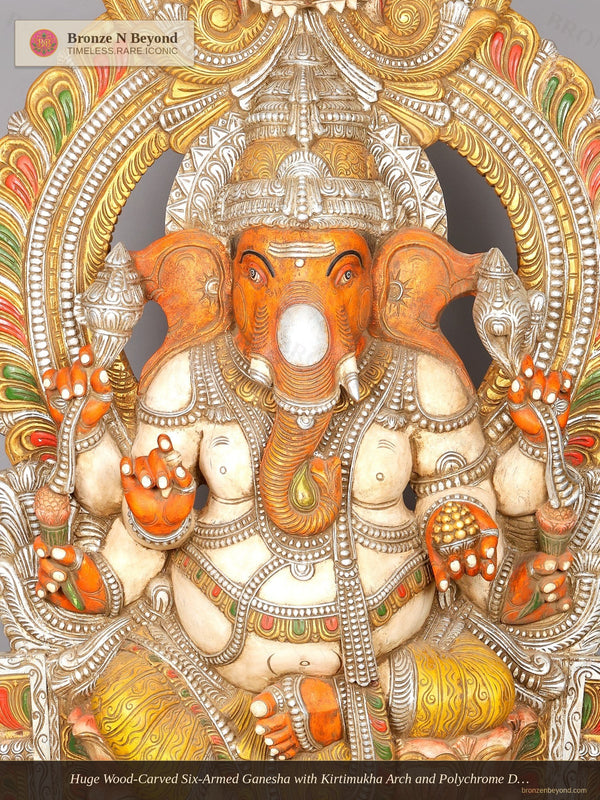 Huge Wood-Carved Six-Armed Ganesha with Kirtimukha Arch and Polychrome Detail