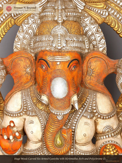 Huge Wood-Carved Six-Armed Ganesha with Kirtimukha Arch and Polychrome Detail