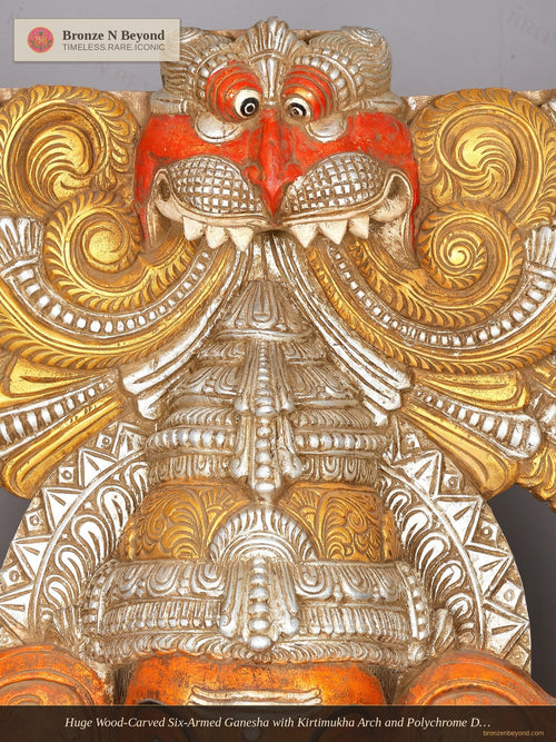 Huge Wood-Carved Six-Armed Ganesha with Kirtimukha Arch and Polychrome Detail