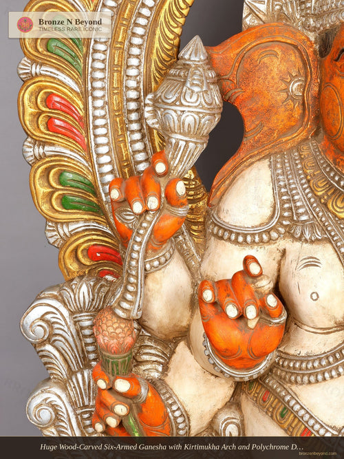 Huge Wood-Carved Six-Armed Ganesha with Kirtimukha Arch and Polychrome Detail