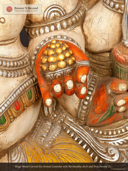 Huge Wood-Carved Six-Armed Ganesha with Kirtimukha Arch and Polychrome Detail