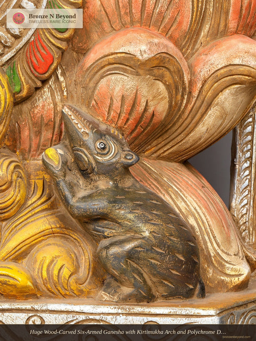 Huge Wood-Carved Six-Armed Ganesha with Kirtimukha Arch and Polychrome Detail