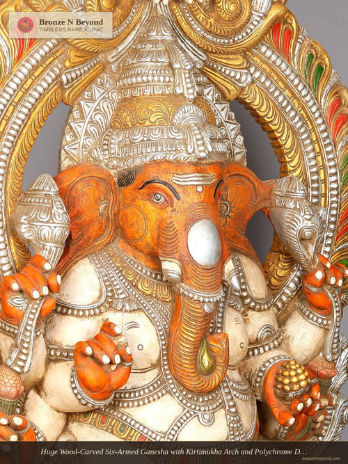 Huge Wood-Carved Six-Armed Ganesha with Kirtimukha Arch and Polychrome Detail