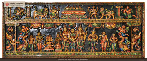 Kalyanasundara Panel: Shiva and Parvati’s Celestial Wedding Scene In Painted Wood