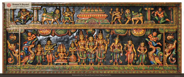 Kalyanasundara Panel: Shiva and Parvati’s Celestial Wedding Scene In Painted Wood