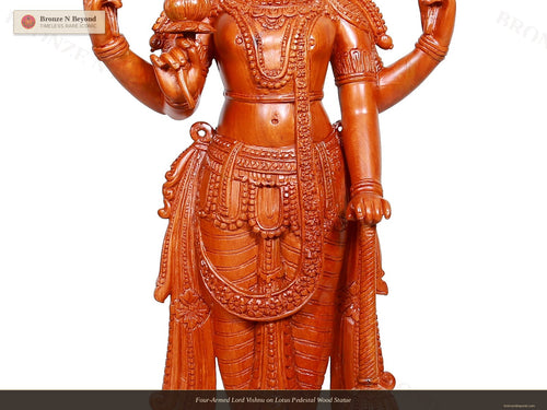 Four-Armed Lord Vishnu on Lotus Pedestal Wood Statue