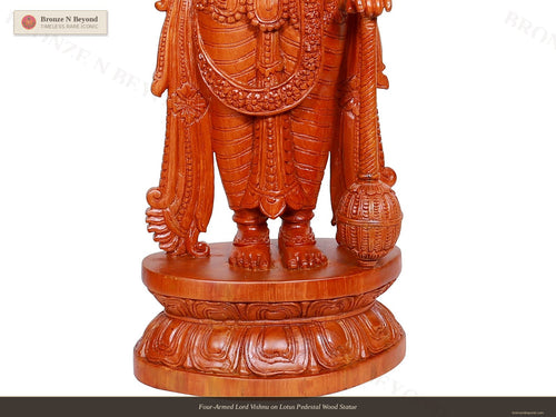 Four-Armed Lord Vishnu on Lotus Pedestal Wood Statue