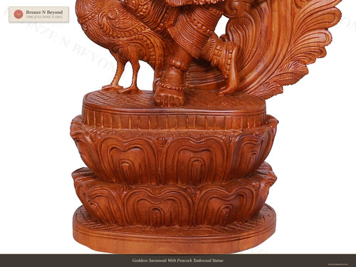 Goddess Saraswati With Peacock Teakwood Statue