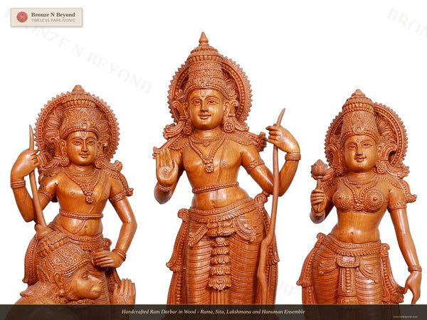 Handcrafted Ram Darbar in Wood - Rama, Sita, Lakshmana and Hanuman Ensemble