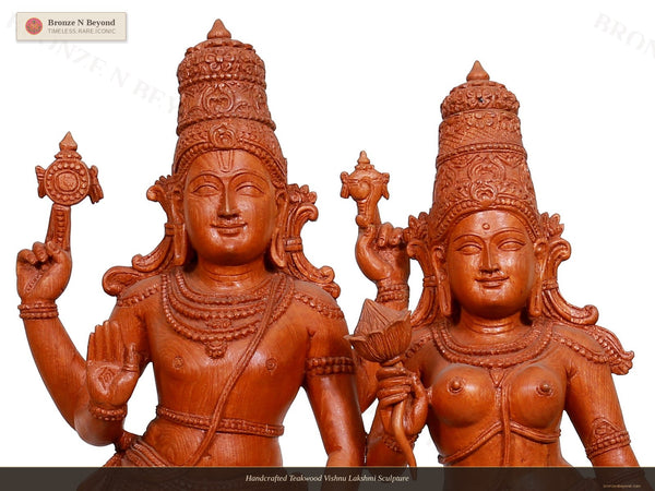 Handcrafted Teakwood Vishnu Lakshmi Sculpture