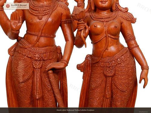 Handcrafted Teakwood Vishnu Lakshmi Sculpture