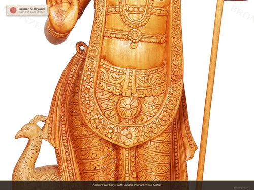 Kumara Kartikeya with Vel and Peacock Wood Statue