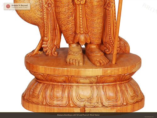 Kumara Kartikeya with Vel and Peacock Wood Statue
