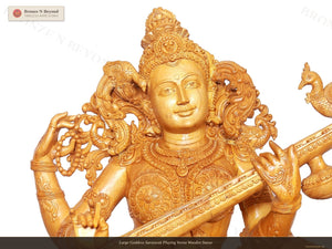 Large Goddess Saraswati Playing Veena Wooden Statue