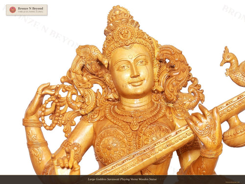 Large Goddess Saraswati Playing Veena Wooden Statue