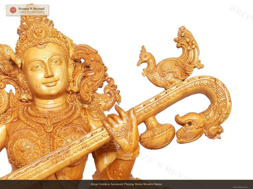 Large Goddess Saraswati Playing Veena Wooden Statue