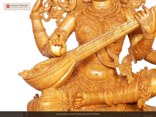 Large Goddess Saraswati Playing Veena Wooden Statue