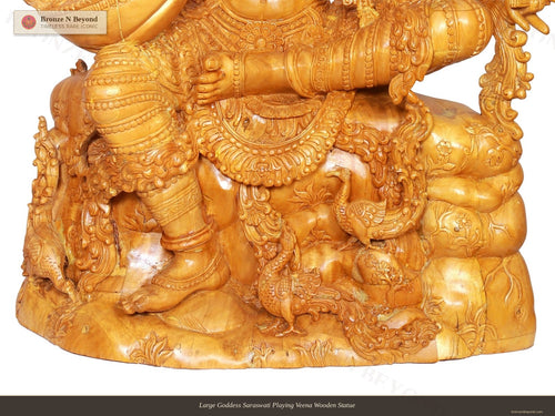 Large Goddess Saraswati Playing Veena Wooden Statue