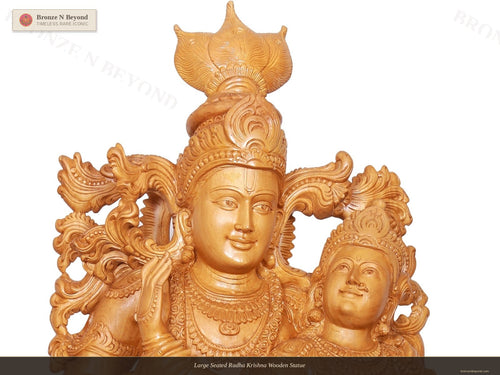 Large Seated Radha Krishna Wooden Statue