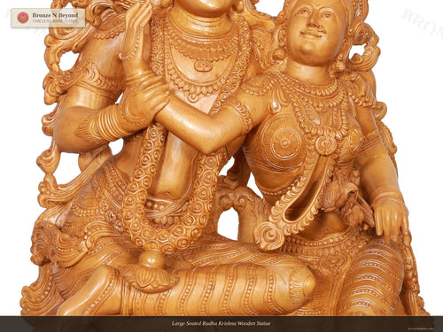 Large Seated Radha Krishna Wooden Statue