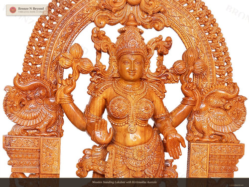 Wooden Standing Lakshmi with Kirtimukha Aureole