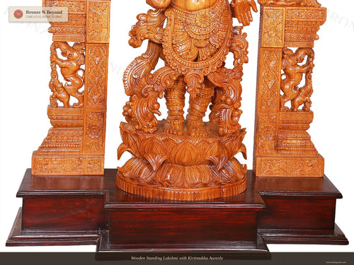 Wooden Standing Lakshmi with Kirtimukha Aureole
