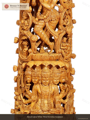 Handcrafted White Wood Krishna Sculpture