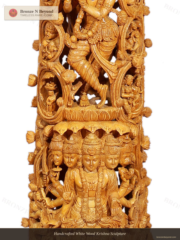 Handcrafted White Wood Krishna Sculpture