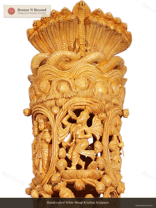 Handcrafted White Wood Krishna Sculpture