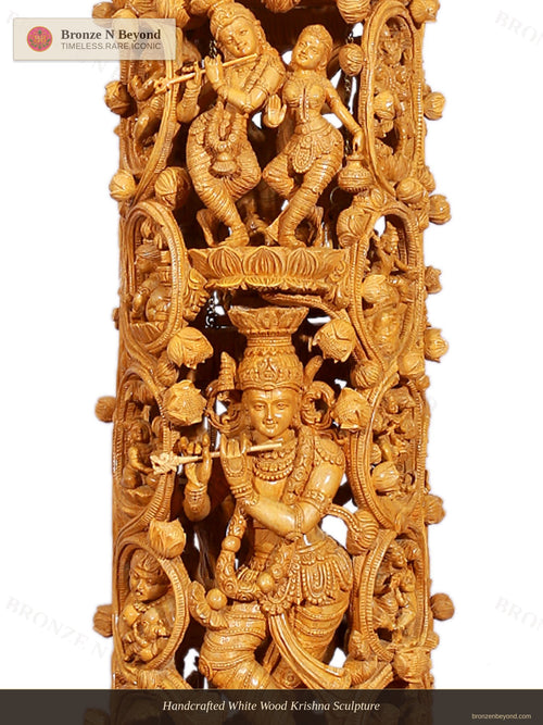 Handcrafted White Wood Krishna Sculpture