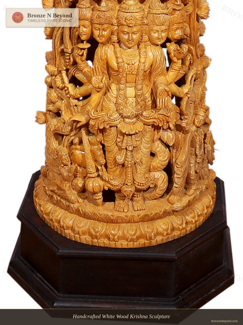 Handcrafted White Wood Krishna Sculpture