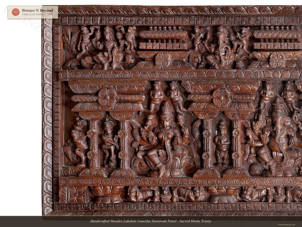 Handcrafted Wooden Lakshmi Ganesha Saraswati Panel - Sacred Hindu Trinity