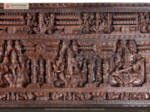 Handcrafted Wooden Lakshmi Ganesha Saraswati Panel - Sacred Hindu Trinity