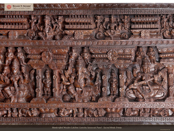 Handcrafted Wooden Lakshmi Ganesha Saraswati Panel - Sacred Hindu Trinity