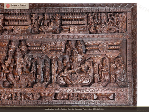 Handcrafted Wooden Lakshmi Ganesha Saraswati Panel - Sacred Hindu Trinity