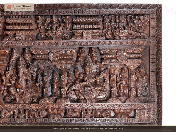 Handcrafted Wooden Lakshmi Ganesha Saraswati Panel - Sacred Hindu Trinity