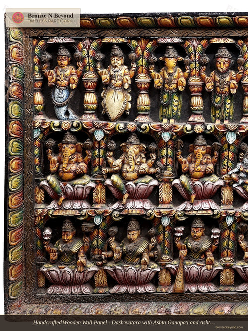 Handcrafted Wooden Wall Panel - Dashavatara with Ashta Ganapati and Ashta Lakshmi