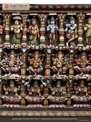Handcrafted Wooden Wall Panel - Dashavatara with Ashta Ganapati and Ashta Lakshmi
