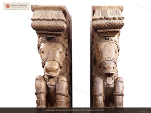 Handcrafted Temple-Style Wooden Brackets - Riders, Elephants, and Lion Base Composition