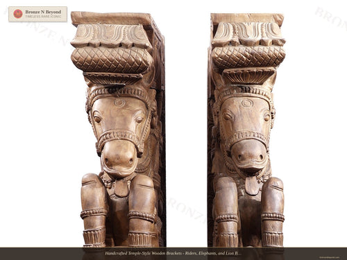 Handcrafted Temple-Style Wooden Brackets - Riders, Elephants, and Lion Base Composition