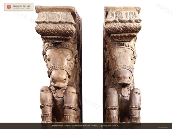 Handcrafted Temple-Style Wooden Brackets - Riders, Elephants, and Lion Base Composition