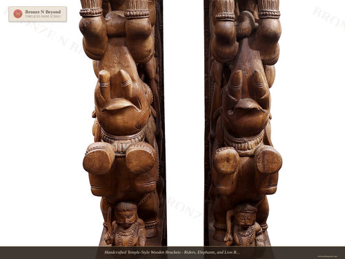 Handcrafted Temple-Style Wooden Brackets - Riders, Elephants, and Lion Base Composition