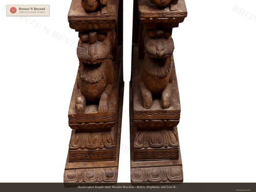 Handcrafted Temple-Style Wooden Brackets - Riders, Elephants, and Lion Base Composition
