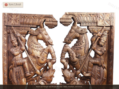 Handcrafted Temple-Style Wooden Brackets - Riders, Elephants, and Lion Base Composition