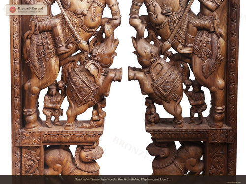 Handcrafted Temple-Style Wooden Brackets - Riders, Elephants, and Lion Base Composition