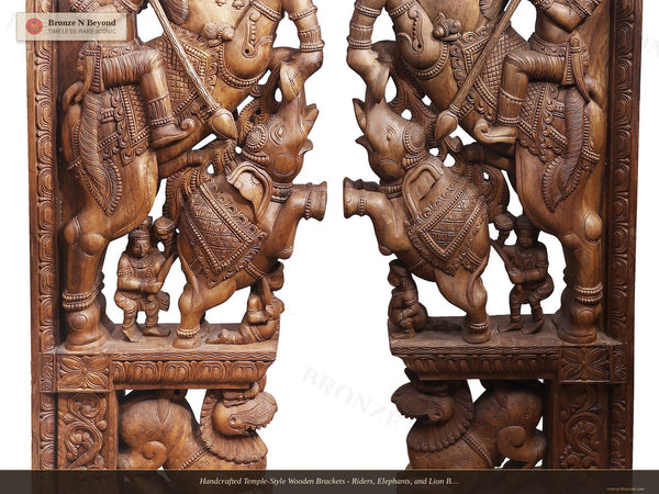 Handcrafted Temple-Style Wooden Brackets - Riders, Elephants, and Lion Base Composition